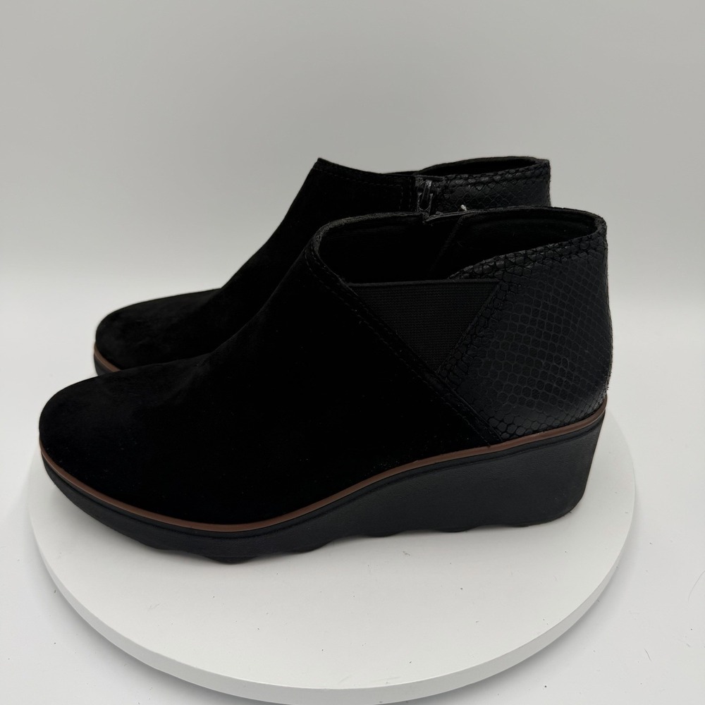 Clarks Wedge Heel Boots Womens 9.5M Mazy‎ Harwich Black Side Zip Bootie Leather